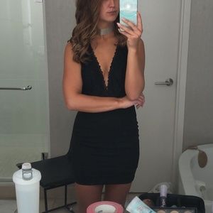 Black Bodycon Mini Dress with Lace Top - Backless